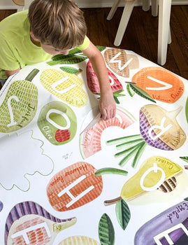 Child helping to install large watercolor wall decals in Nana's playroom.