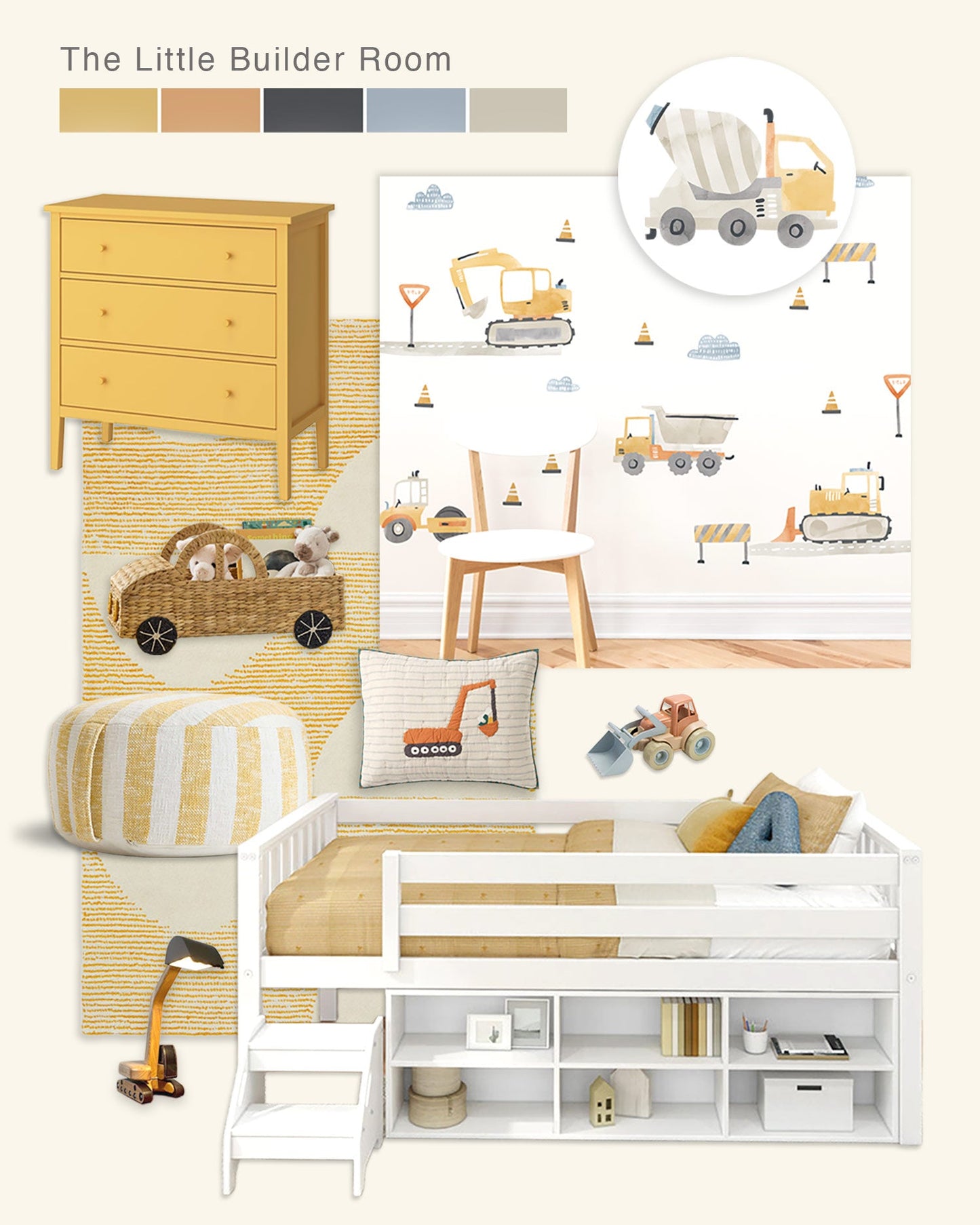 Design Board for a Construction Truck themed kids room with soft hues of yellow and orange