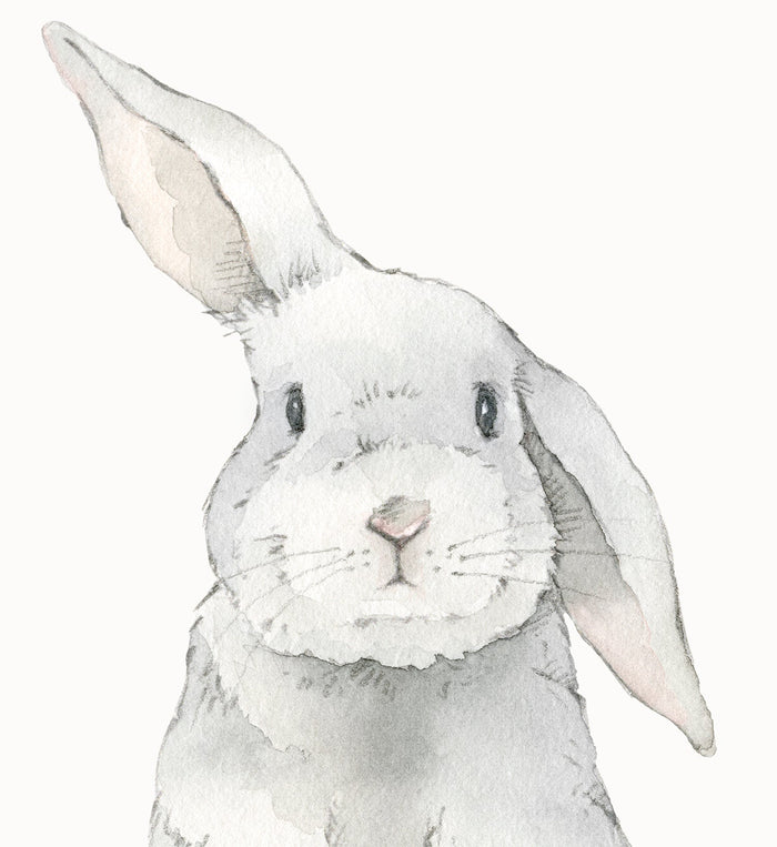 Closeup of handpainted watercolor bunny removable fabric wall decal.
