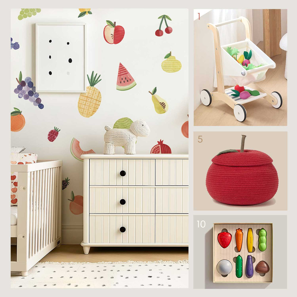 A collage including 3  examples of accessories  that coordinate with the Mej Mej Fruit wall decals, also pictured.