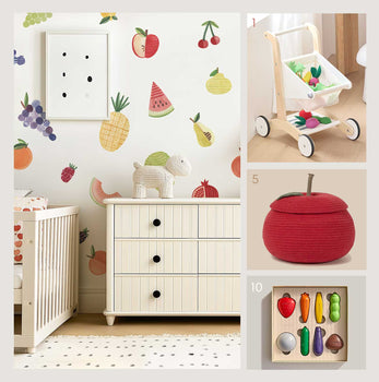 A collage including 3  examples of accessories  that coordinate with the Mej Mej Fruit wall decals, also pictured.