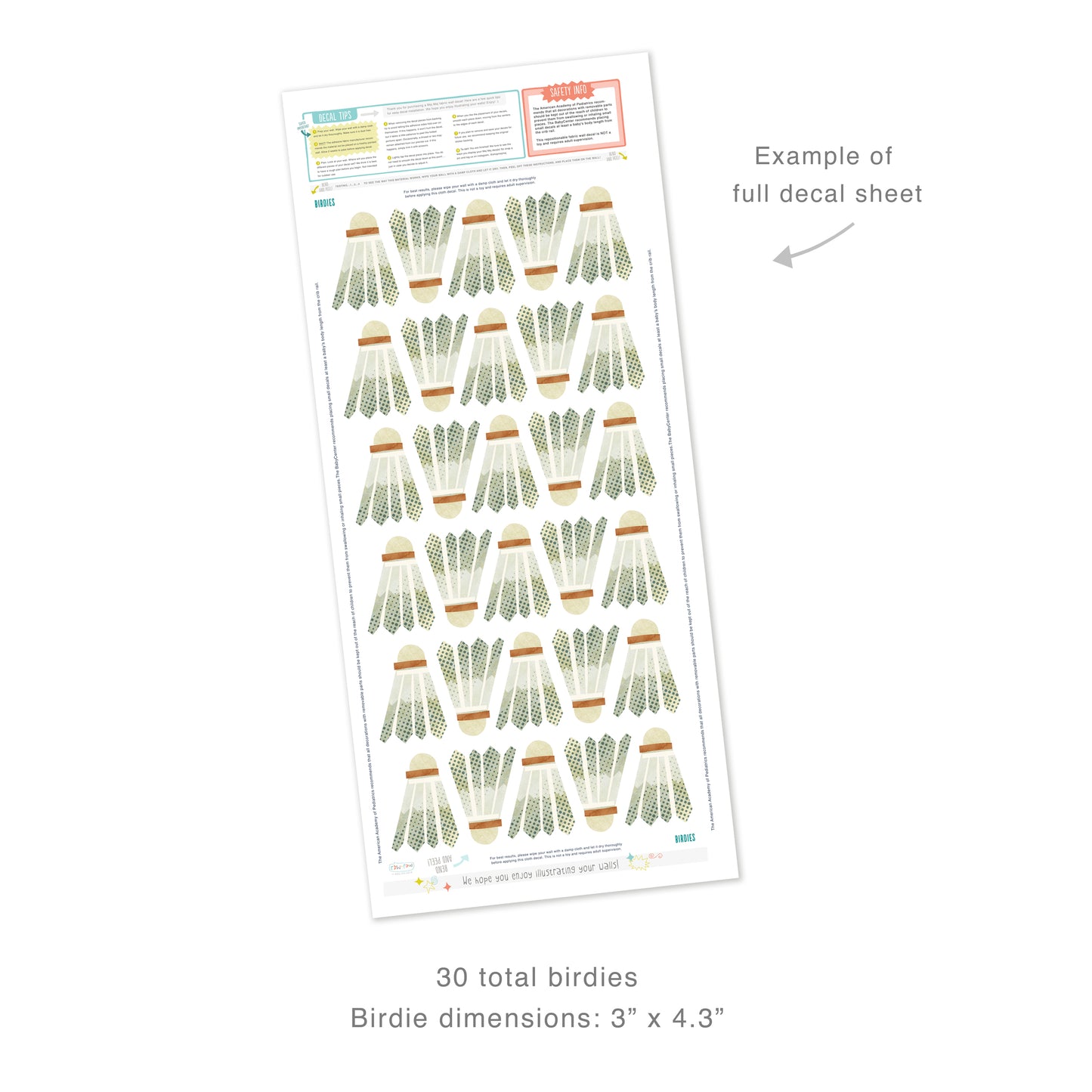 Example of full decal sheet showing 30 total badminton birdie removable fabric wall decals with dimensions for each of 3 inches by 4.3 inches. Sheet includes decal tips and safety info.