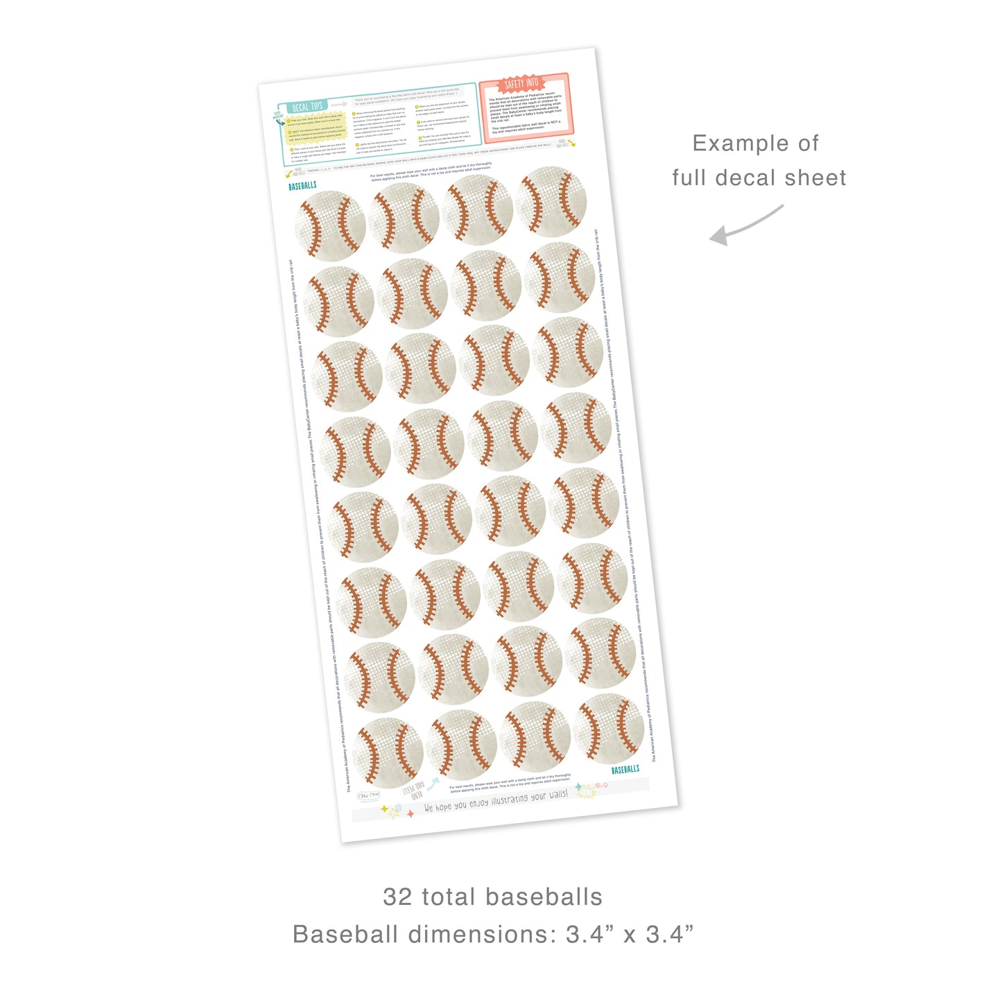 Example of full decal sheet showing 32 total baseballs each measuring 3.4 inches in diameter. Sheet includes decal tips and safety info.