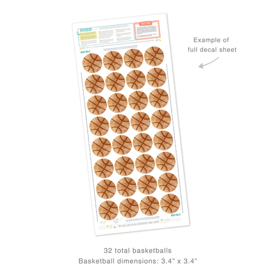 Example of full decal sheet showing 32 total basketballs each measuring 3.4 inches in diameter. Sheet includes decal tips and safety info.