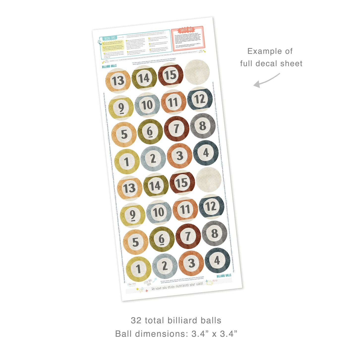 Example of full decal sheet showing 32 total removable billiard ball fabric wall decals each measuring 3.4 inches in diameter. Sheet includes decal tips and safety info.