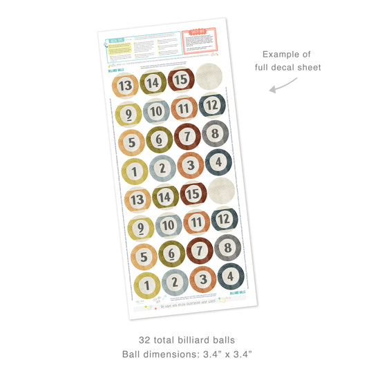 Example of full decal sheet showing 32 total removable billiard ball fabric wall decals each measuring 3.4 inches in diameter. Sheet includes decal tips and safety info.