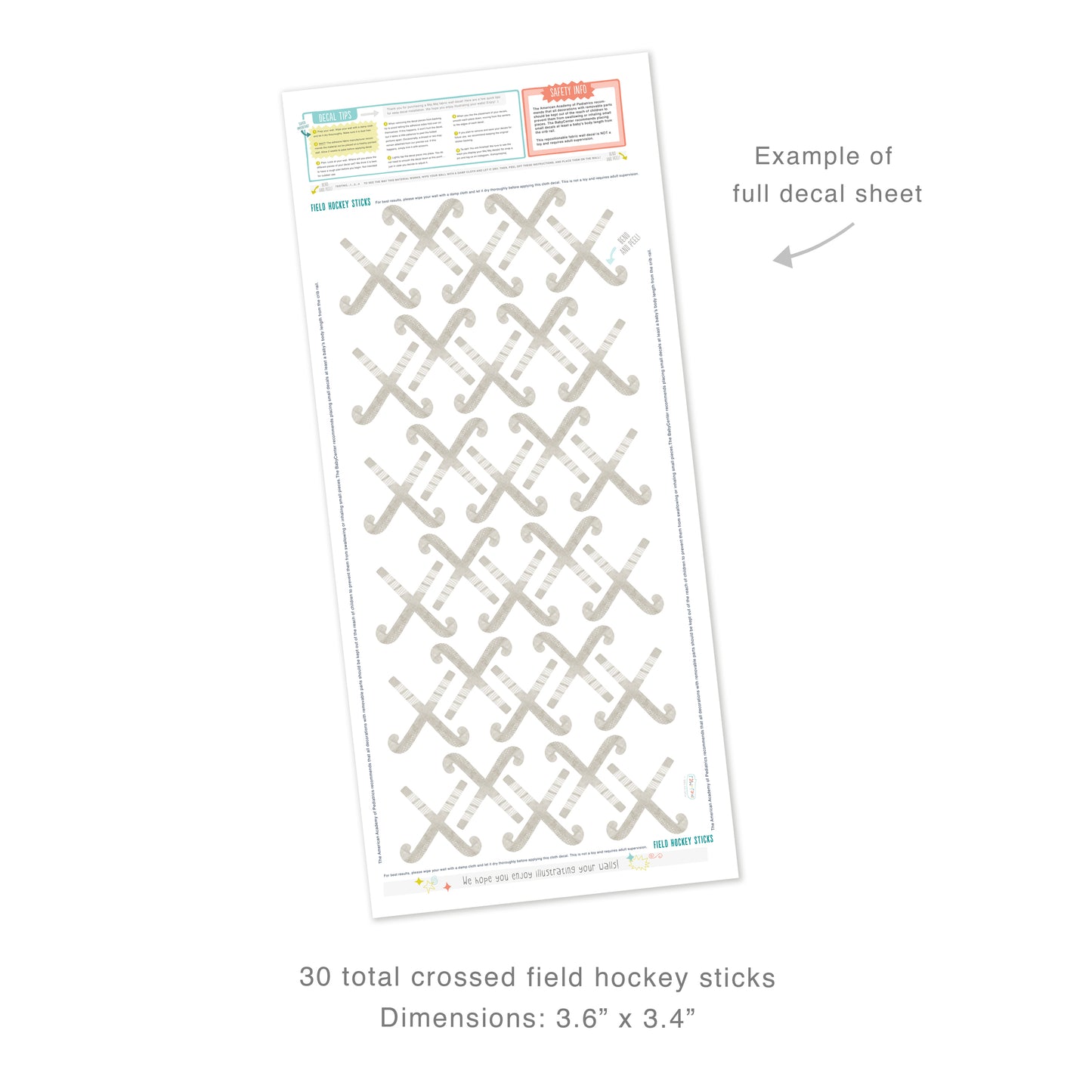 Example of full decal sheet showing 30 total removable watercolor crossed field hockey sticks with dimensions for each of 3.6 inches by 3.4 inches.