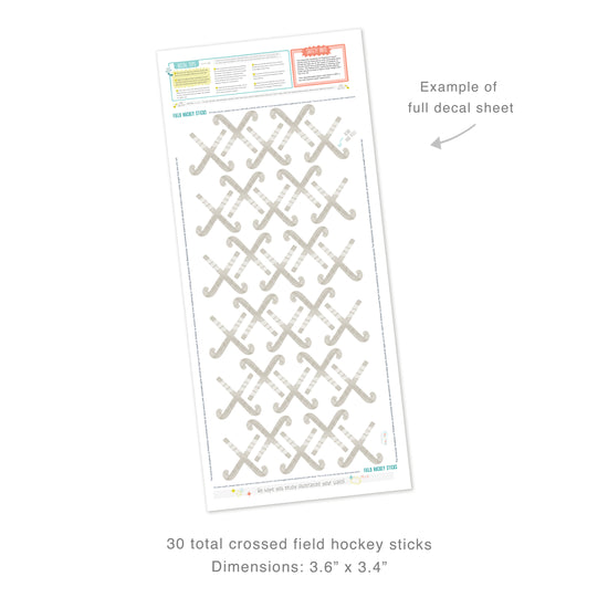 Example of full decal sheet showing 30 total removable watercolor crossed field hockey sticks with dimensions for each of 3.6 inches by 3.4 inches.