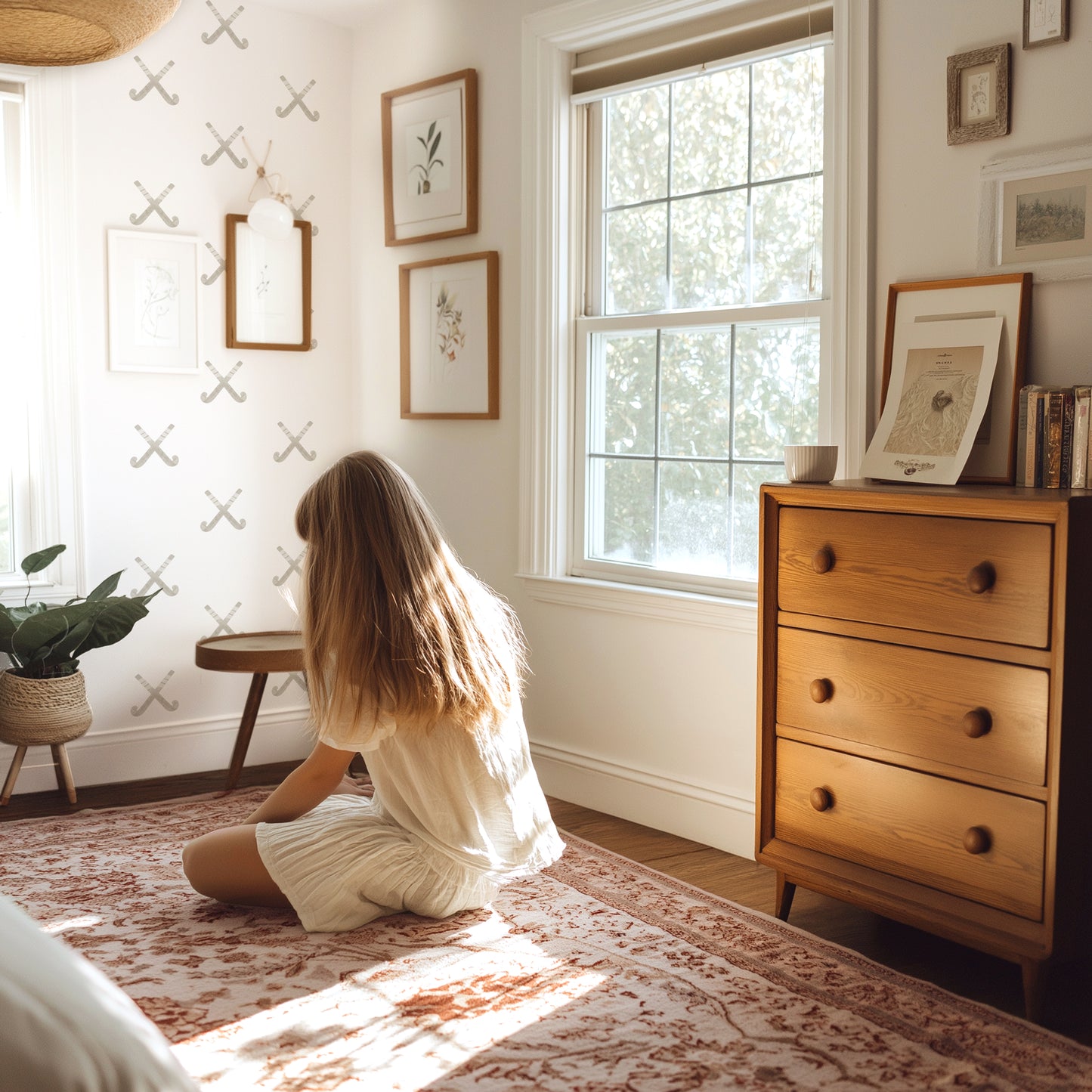 An accent wall with removable watercolor crossed field hockey sticks wall decals by Mej Mej is the background for a teen girl sitting in her sunlit bedroom. A chest of drawers and framed prints complete the room. 