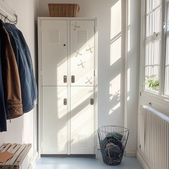 A set of lockers in a sunlit mudroom with wall decals on one locker in the shapes of crossed field hockey sticks.