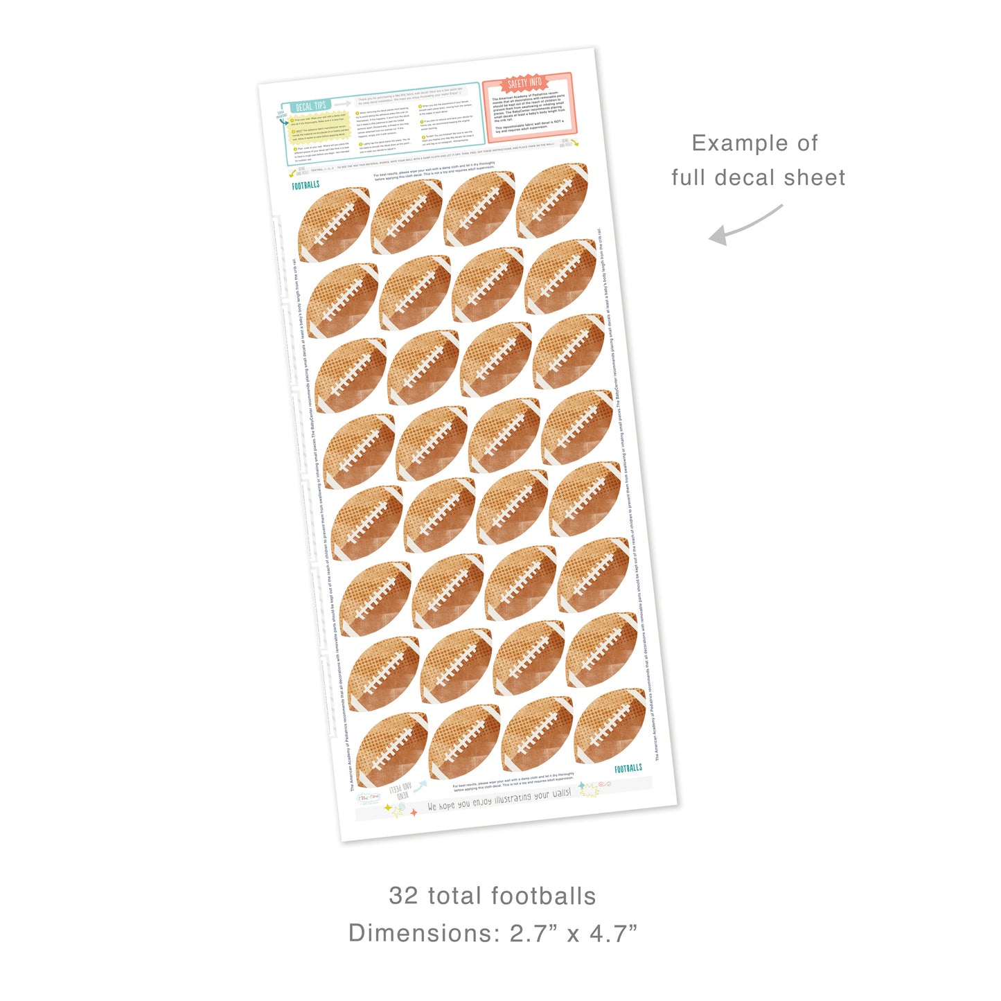 Example of full decal sheet showing 32 total footballs with dimensions for each of 2.7 inches by 4.7 inches. Sheet includes decal tips and safety info.