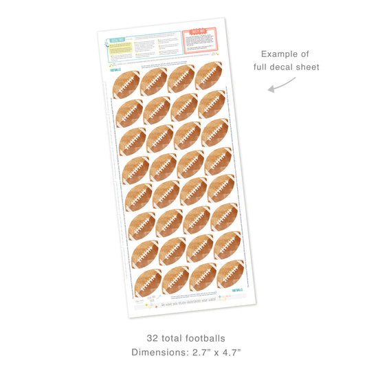 Example of full decal sheet showing 32 total footballs with dimensions for each of 2.7 inches by 4.7 inches. Sheet includes decal tips and safety info.