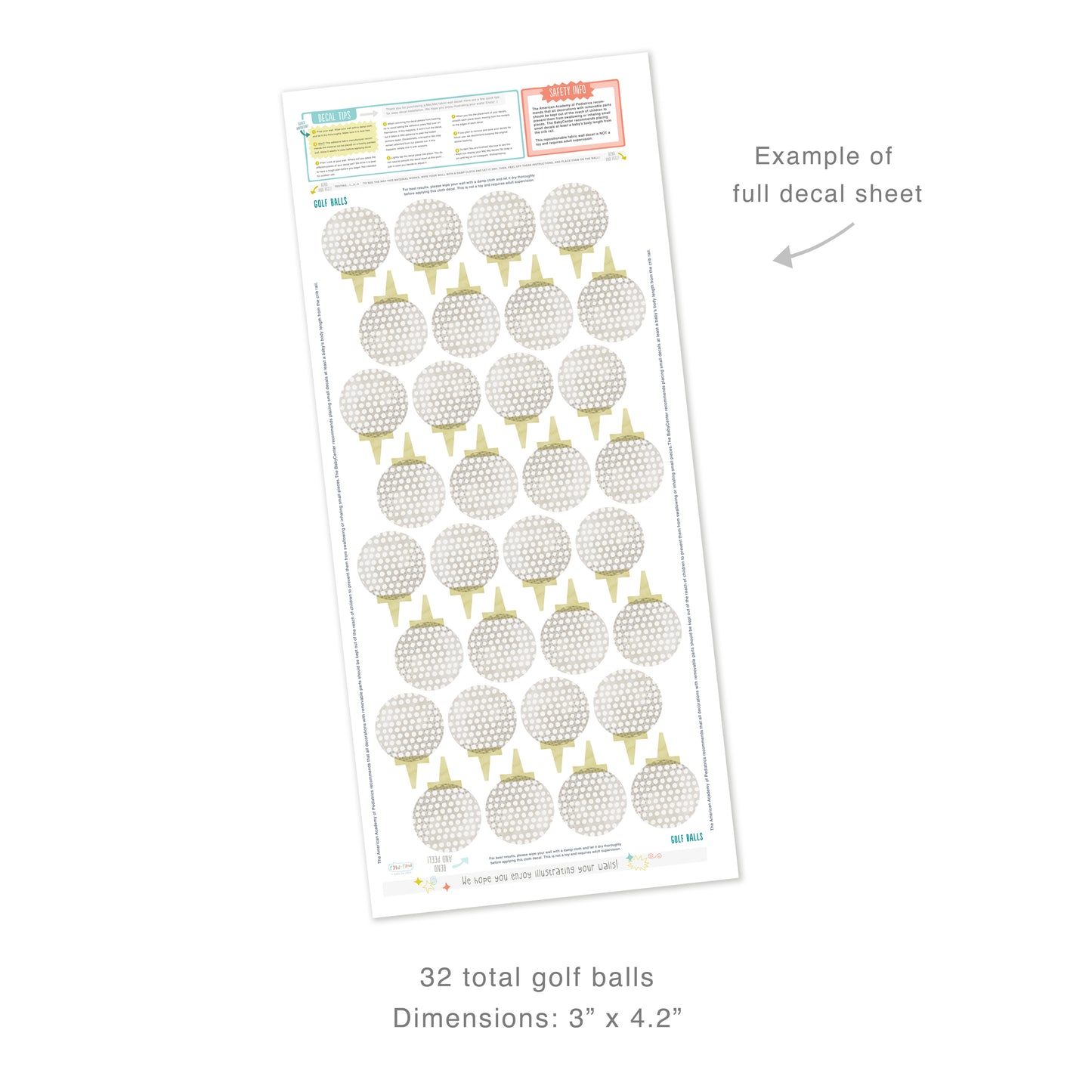 Example of full decal sheet showing 32 total golf balls with dimensions for each of 3 inches by 4.2 inches. Sheet includes decal tips and safety info. 