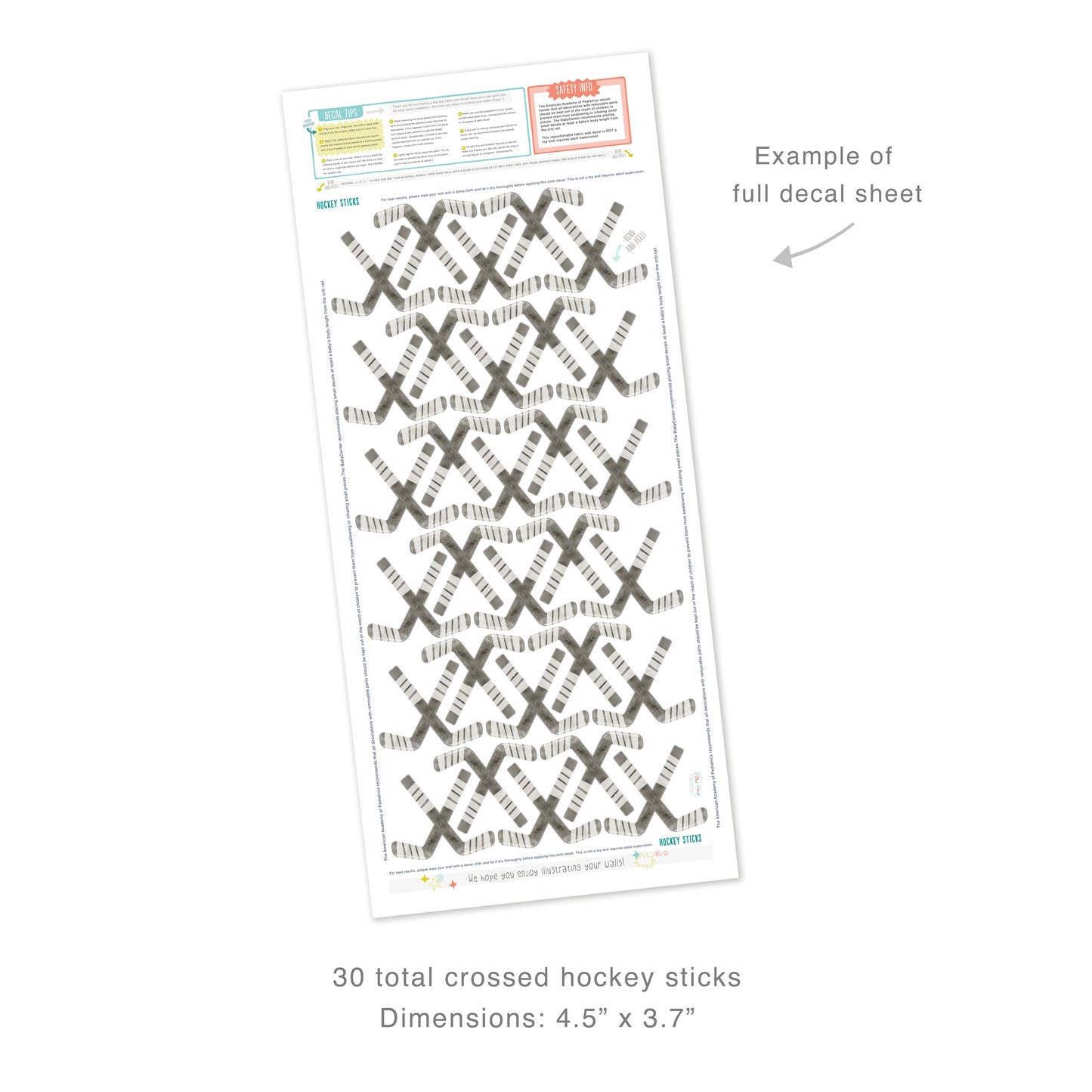 Example of full decal sheet showing 30 total crossed hockey sticks with dimensions for each of 4.5 inches by 3.7 inches. Sheet includes decal tips and safety info.