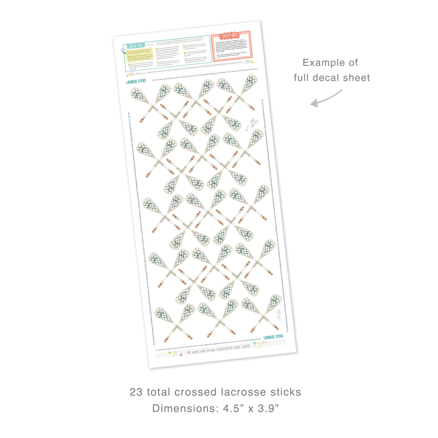 Example of full decal sheet showing 23 total crossed lacrosse sticks with dimensions for each of 4.5 inches by 3.9 inches. Sheet includes decal tips and safety info.