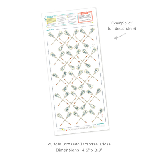 Example of full decal sheet showing 23 total crossed lacrosse sticks with dimensions for each of 4.5 inches by 3.9 inches. Sheet includes decal tips and safety info.