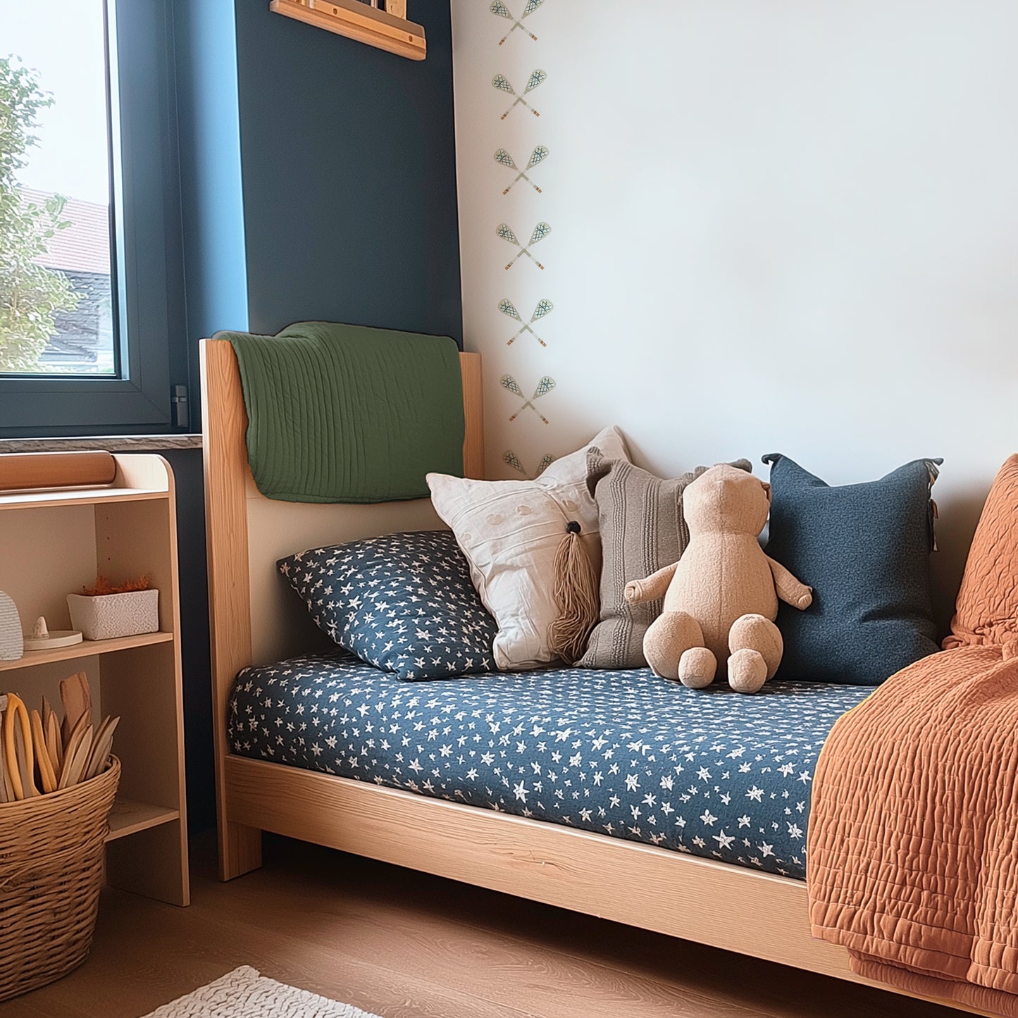 Watercolor crossed lacrosse sticks wall decals by Mej Mej are placed in a vertical accent grid on the wall behind a modern twin bed with navy sheets, muted orange quilt and coordinated pillows in a kids’ room.