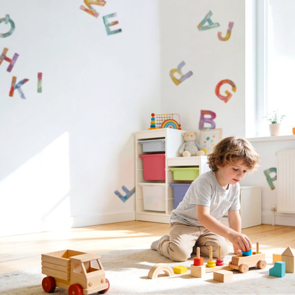 Medium alphabet wall decals scattered across wall in playful kids ...
