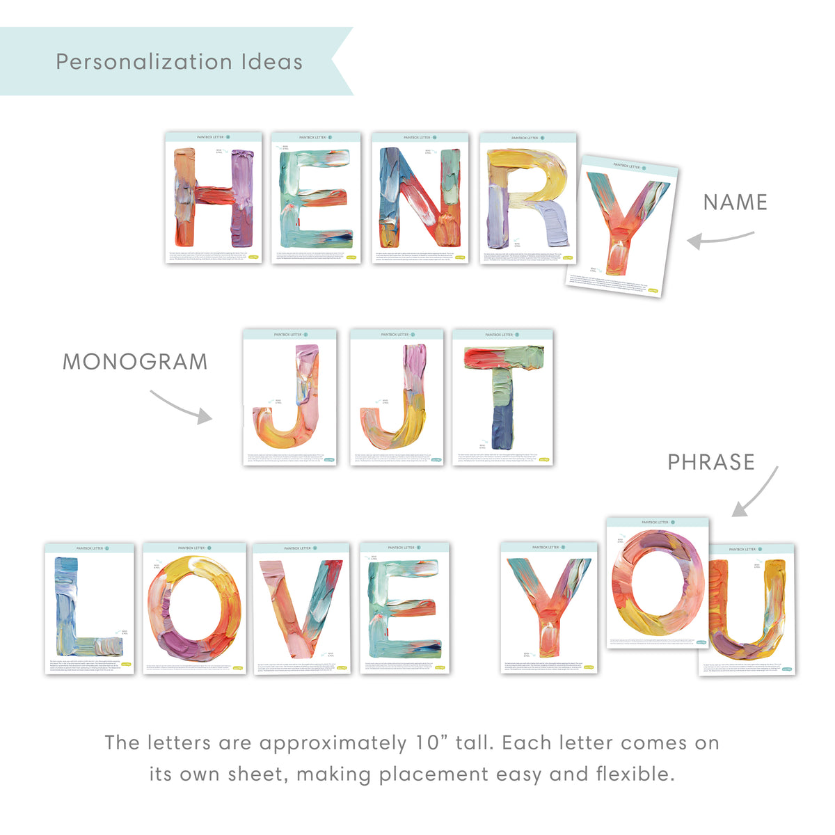 25 Letters Paintbox personalized letters arranged as name, monogram, and phrase ...