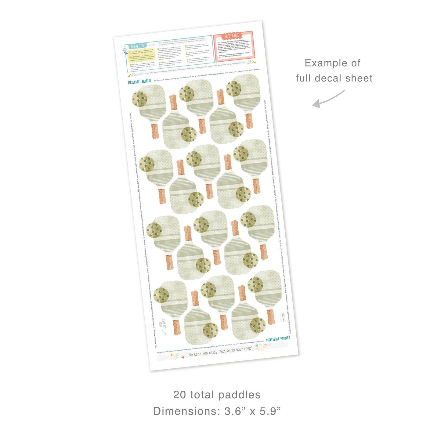 Example of full decal sheet showing 20 total decals with pickle ball paddles and balls with dimensions for each of 3.6 inches by 5.9 inches. Sheet includes decal tips and safety info.