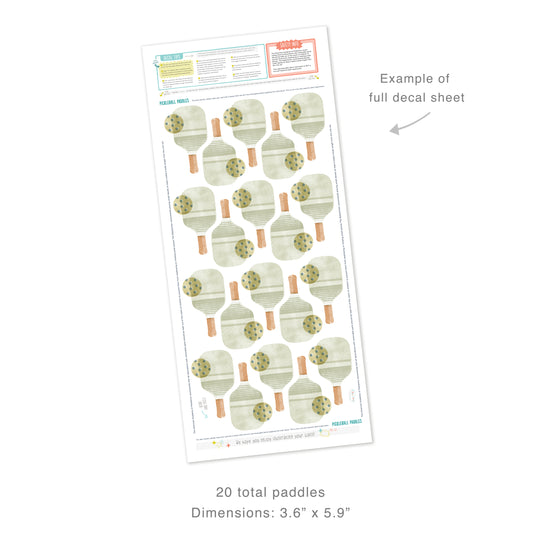 Example of full decal sheet showing 20 total decals with pickle ball paddles and balls with dimensions for each of 3.6 inches by 5.9 inches. Sheet includes decal tips and safety info.