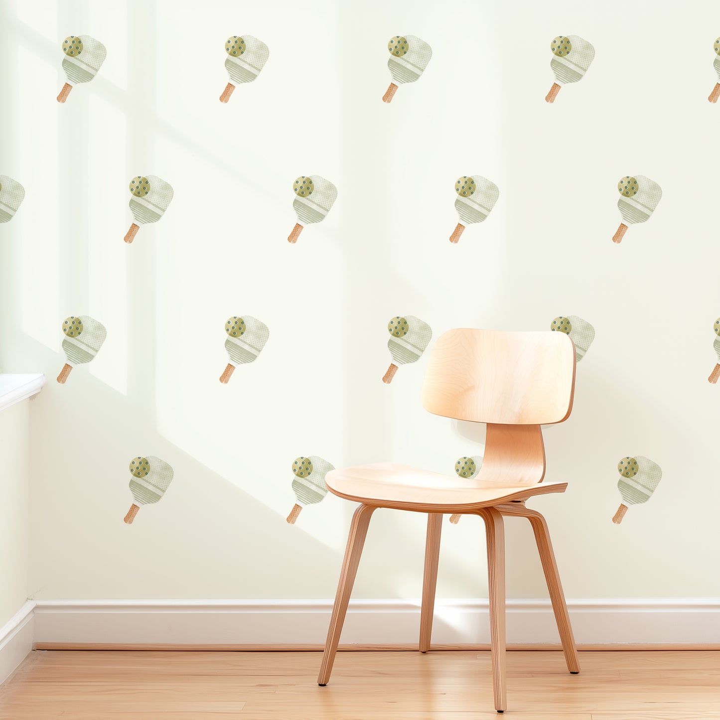 A wall is decorated with removable fabric wall decals of pickleball paddles with balls by Mej Mej. They are placed in a modern grid pattern. A mid-century chair sits in front of them for scale.