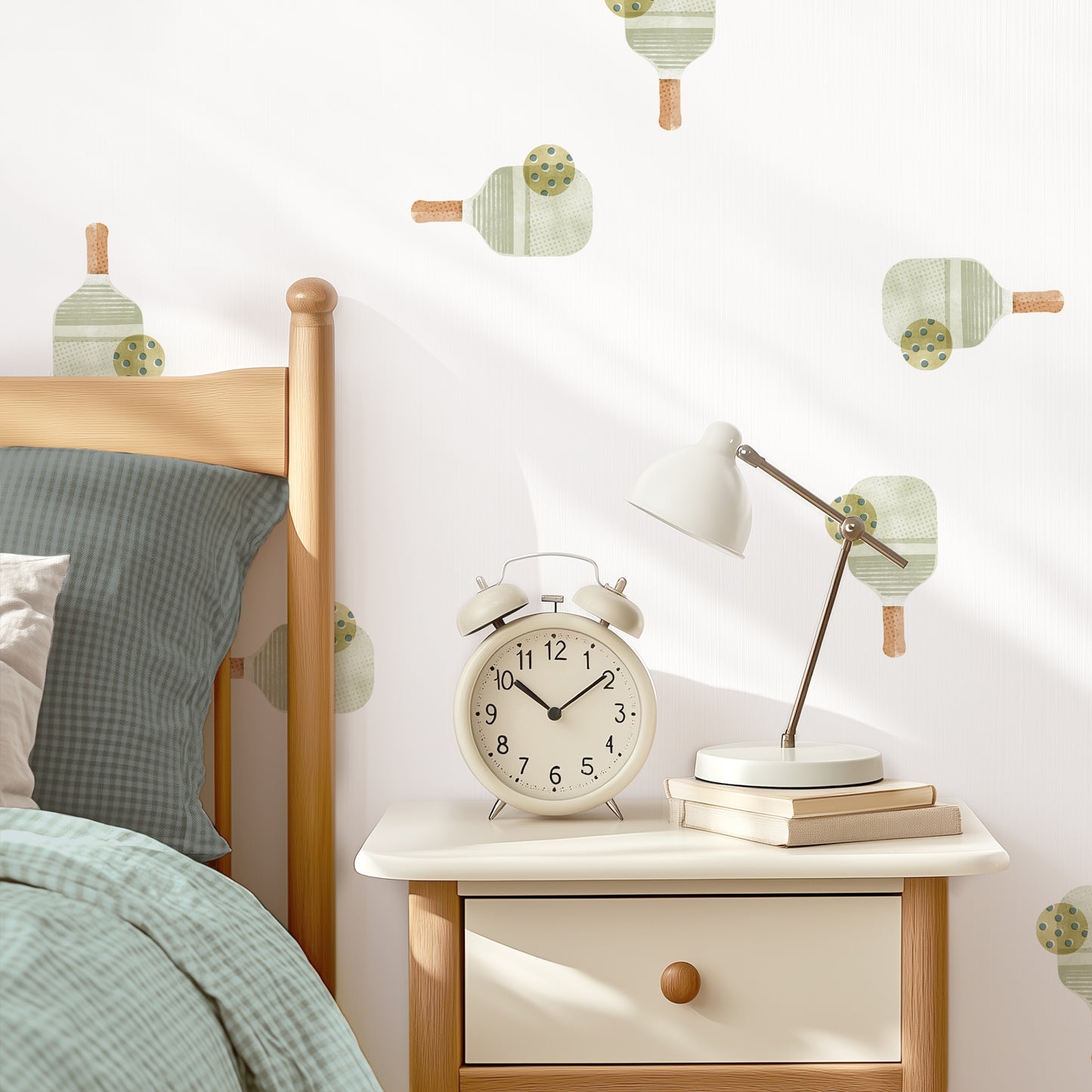 A white wall with pickleball paddles and balls fabric decals placed in a grid pattern is the backdrop for a stylish bedroom. A bed, a nightstand with an oversized vintage alarm clock and gooseneck lamp complete the modern vibe.