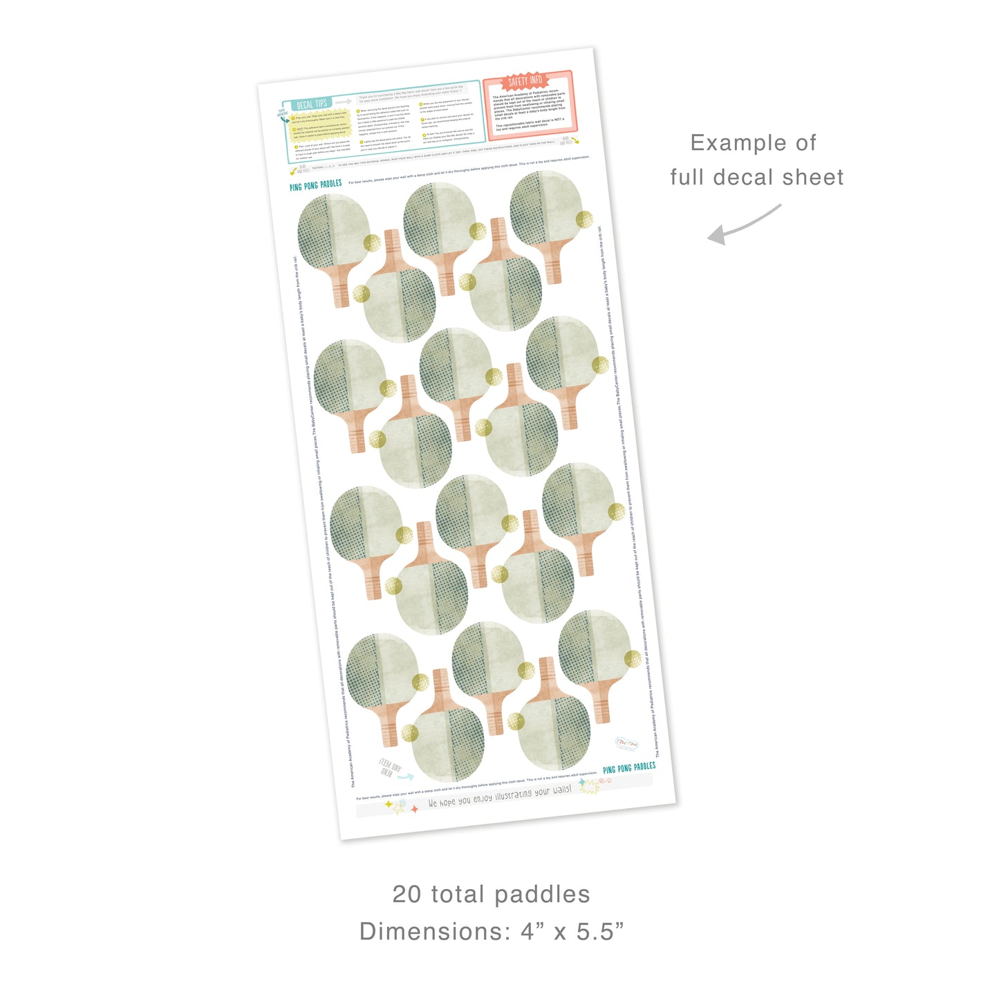 Example of full decal sheet showing 20 total decals with ping pong paddles and balls with dimensions for each of 4 inches by 5.5 inches. Sheet includes decal tips and safety info. 