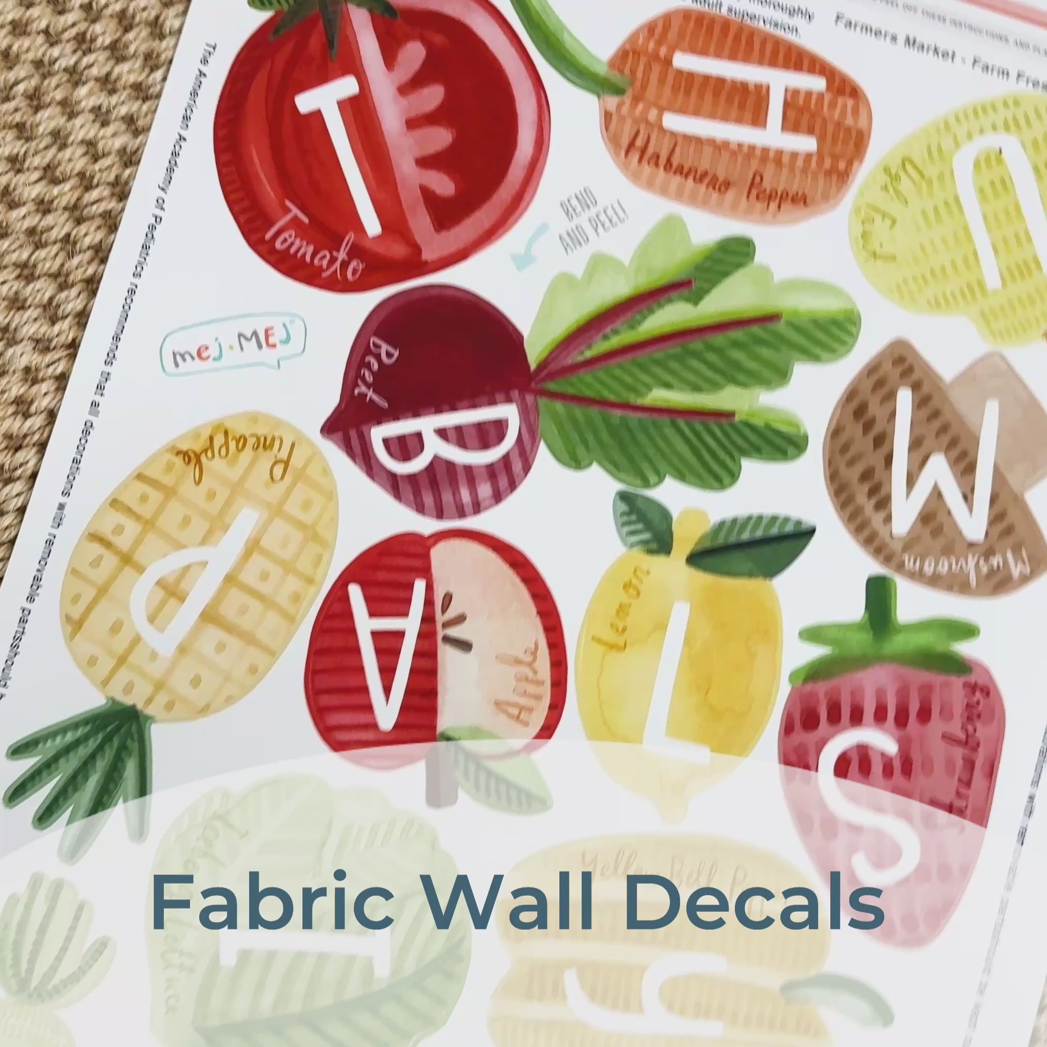 Video Close-up of Mej Mej Farm Fresh Alphabet fabric wall decals and the way they can be removed and repositioned