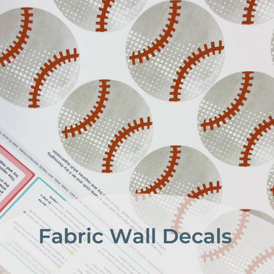 Load and play video in Gallery viewer, Step-by-step guide of how to install Mej Mej’s peel-and-stick removable fabric wall decals featuring watercolor baseballs. Perfect for sports-themed decor for baseball fans.
