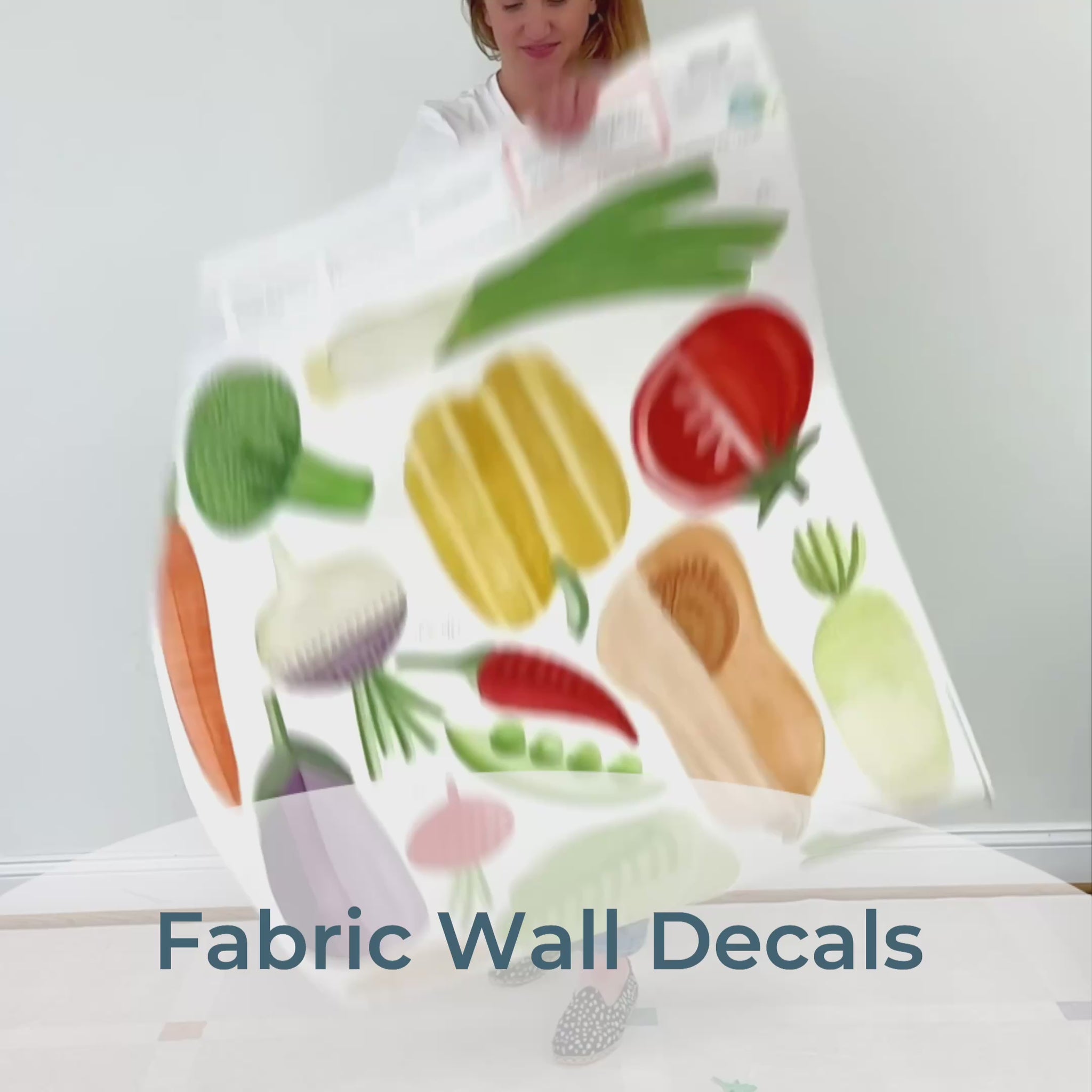 Video Close-up of Mej Mej Fresh Vegetables fabric wall decals and the way they can be removed and repositioned