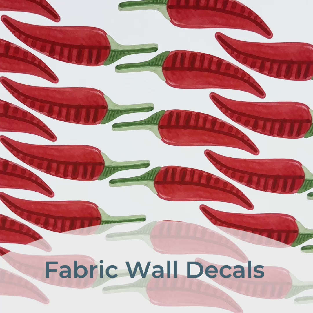 Video Close-up of Mej Mej Chili Peppers fabric wall decals and the way they can be removed and repositioned