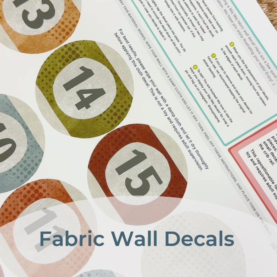 Step-by-step guide of how to install Mej Mej’s peel-and-stick removable fabric wall decals featuring watercolor billiards balls. Perfect for sports-themed decor for billiards fans.