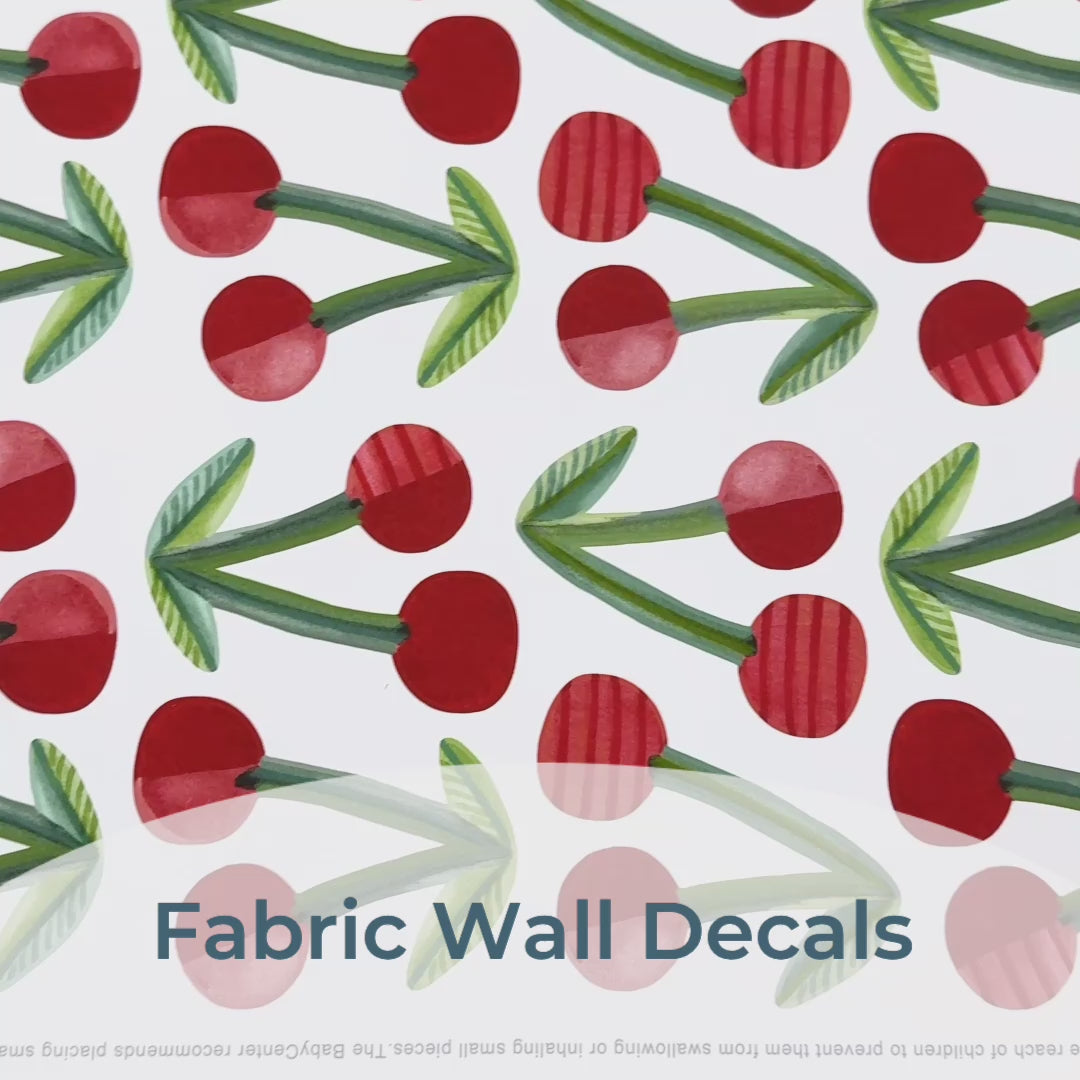 Video Close-up of Mej Mej Fresh Cherries fabric wall decals and the way they can be removed and repositioned