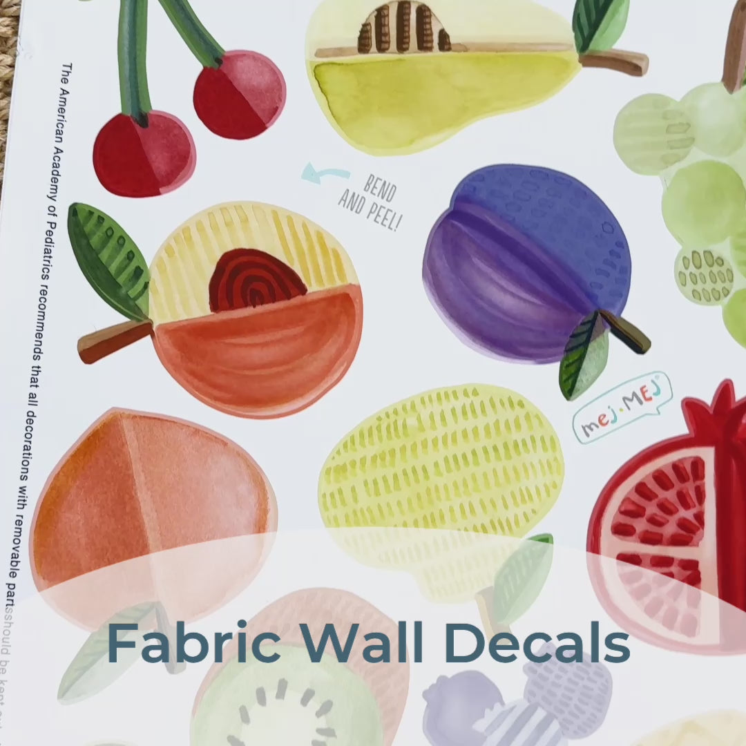 Video Close-up of Mej Mej Fruit fabric wall decals and the way they can be removed and repositioned