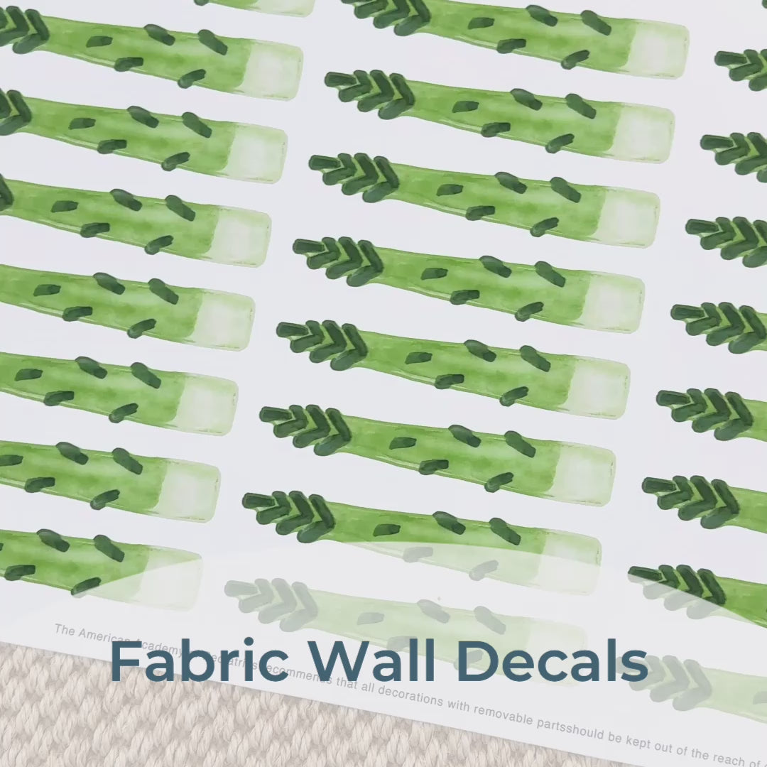 Video Close-up of Mej Mej Fresh Asparagus fabric wall decals and the way they can be removed and repositioned