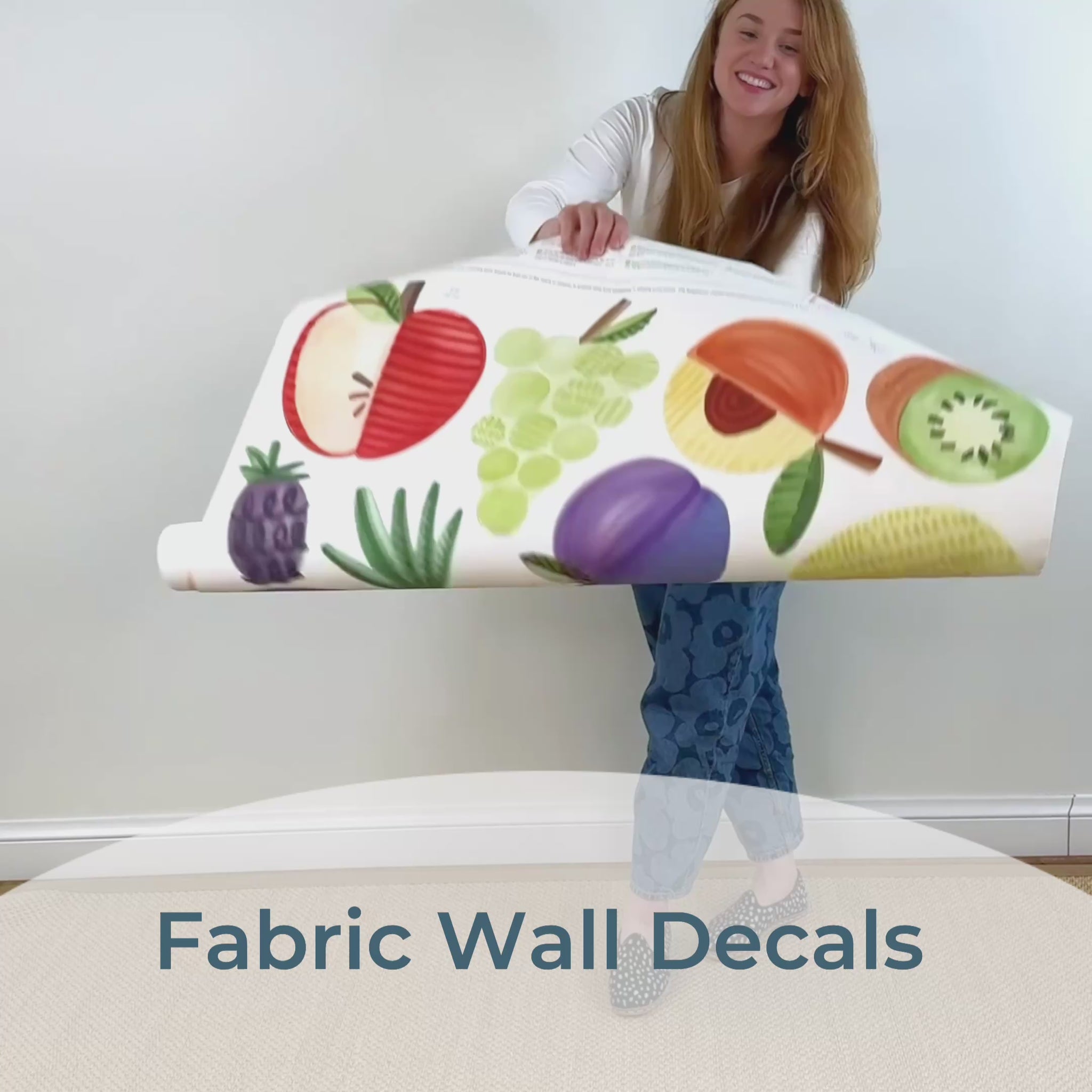 Video Close-up of Mej Mej Fruit fabric wall decals and the way they can be removed and repositioned
