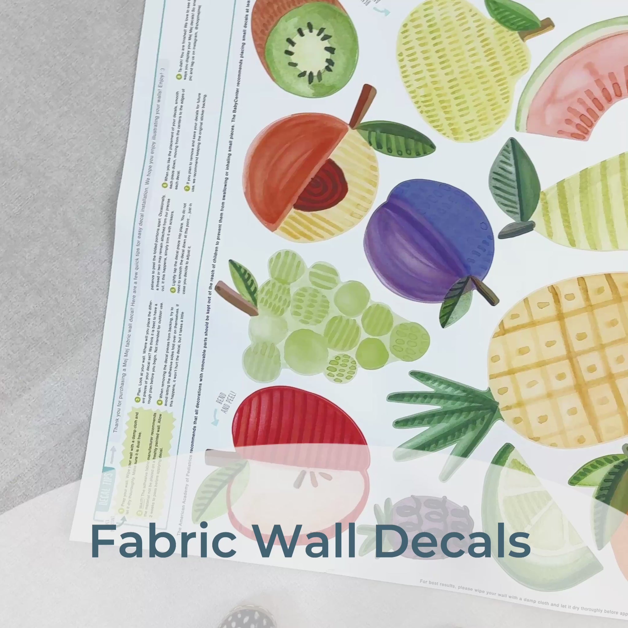 Video Close-up of Mej Mej Fruit fabric wall decals and the way they can be removed and repositioned