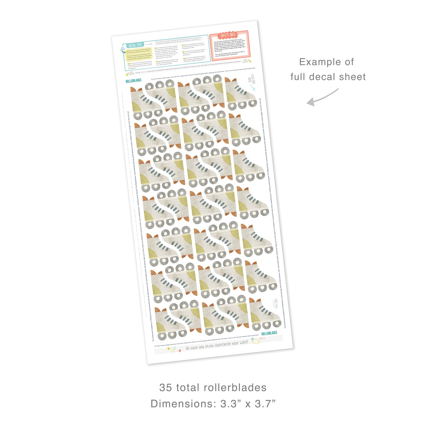 Example of full decal sheet showing 35 total rollerblade decals with dimensions for each of 3.3 inches by 3.7 inches. Sheet includes decal tips and safety info.