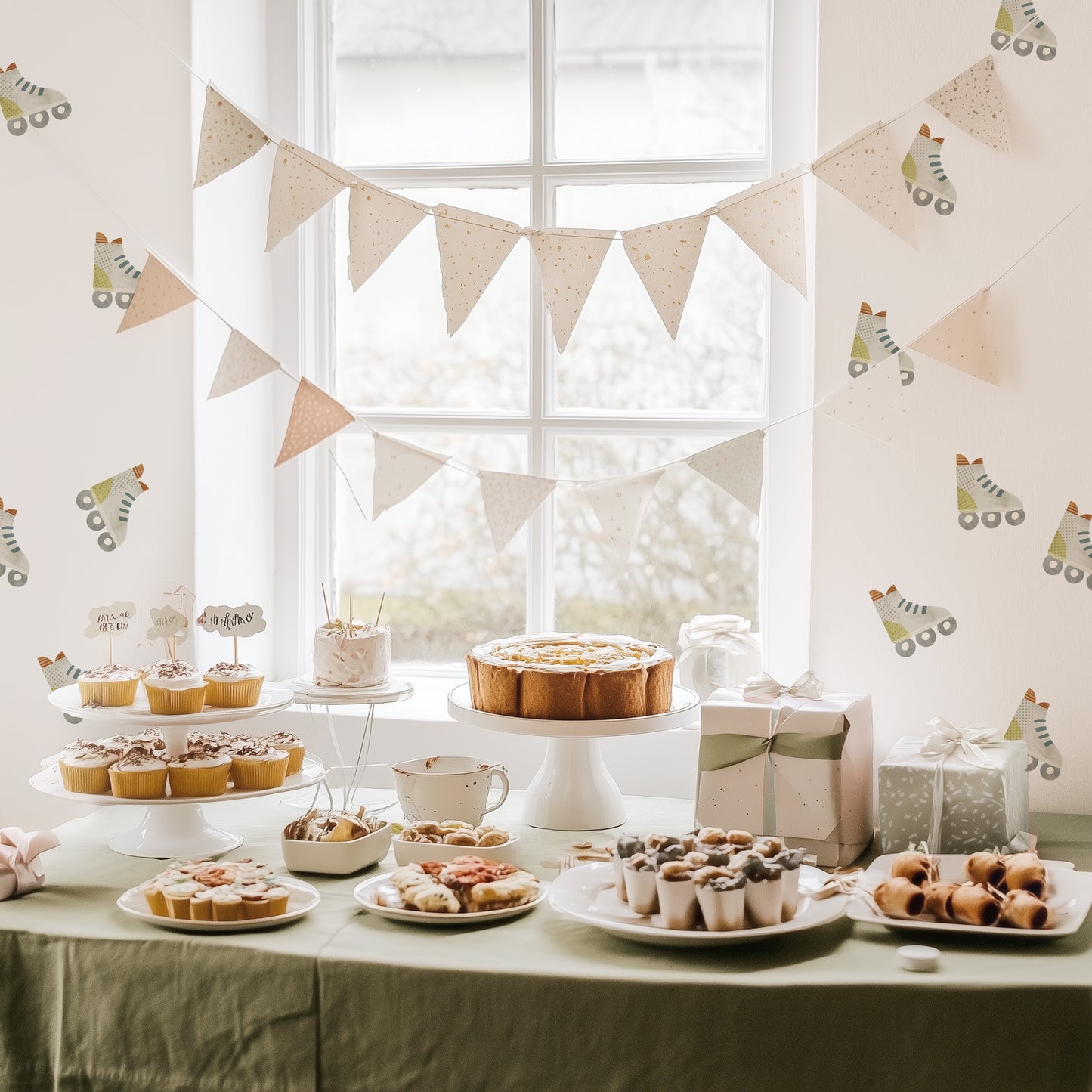 Watercolor rollerblades wall decals decorate the wall behind a tablescape of birthday treats.