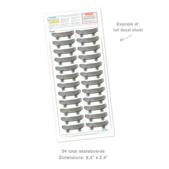 Example of full decal sheet showing 35 total skateboard decals with dimensions for each of 6.5 inches by 2.4 inches. Sheet includes decal tips and safety info.