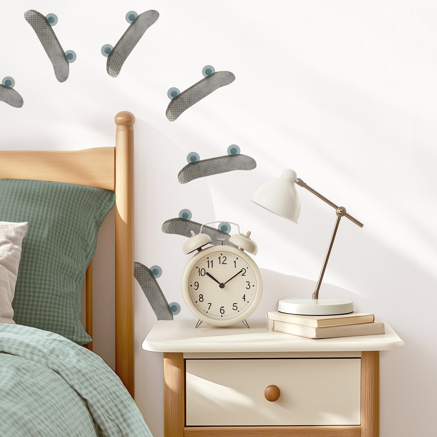 A white wall with skateboard fabric wall decals placed in a circular pattern like a skating trick is the backdrop for a stylish bedroom.