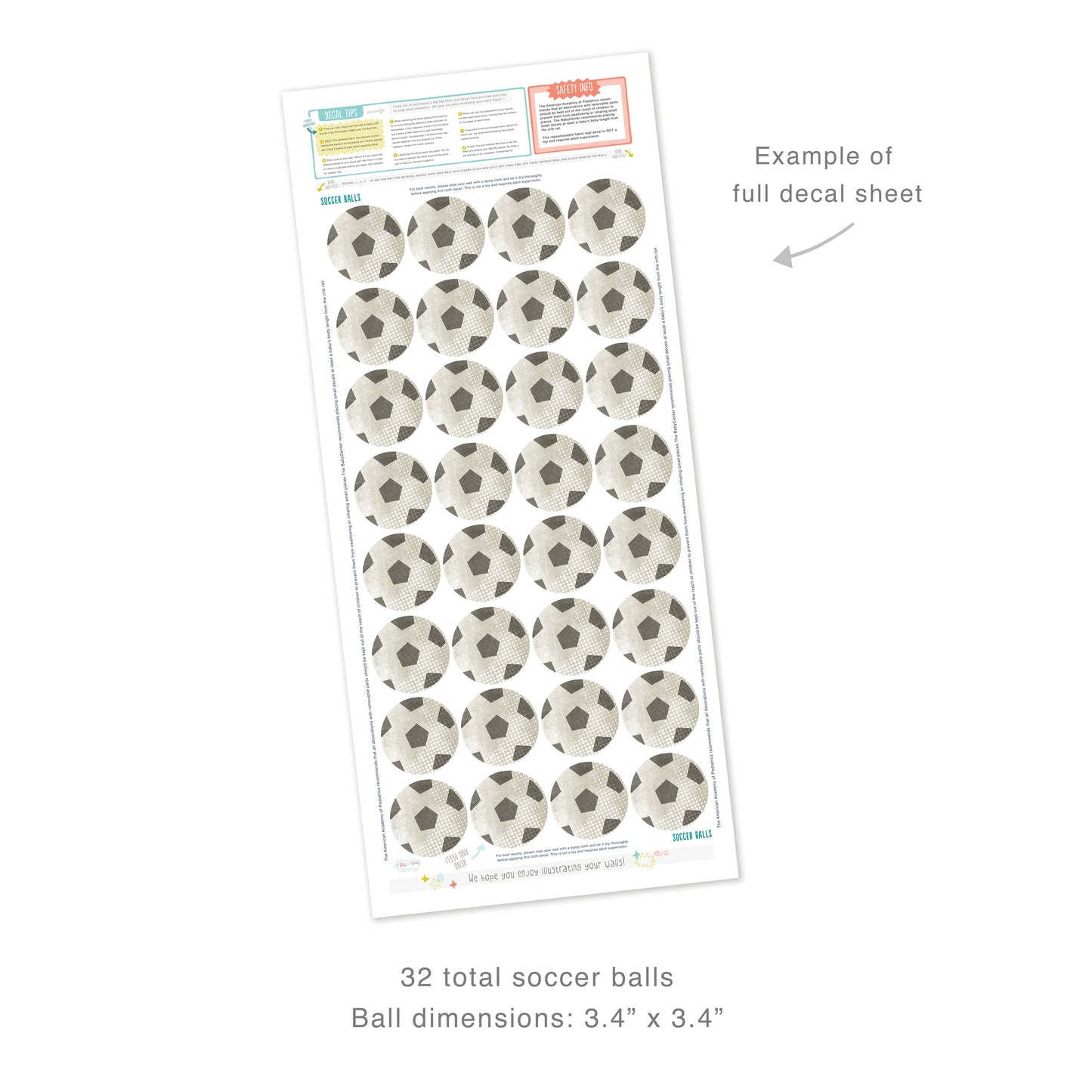 Example of full decal sheet showing 32 total soccer decals with dimensions for each of 3.4 inches in diameter. Sheet includes decal tips and safety info.