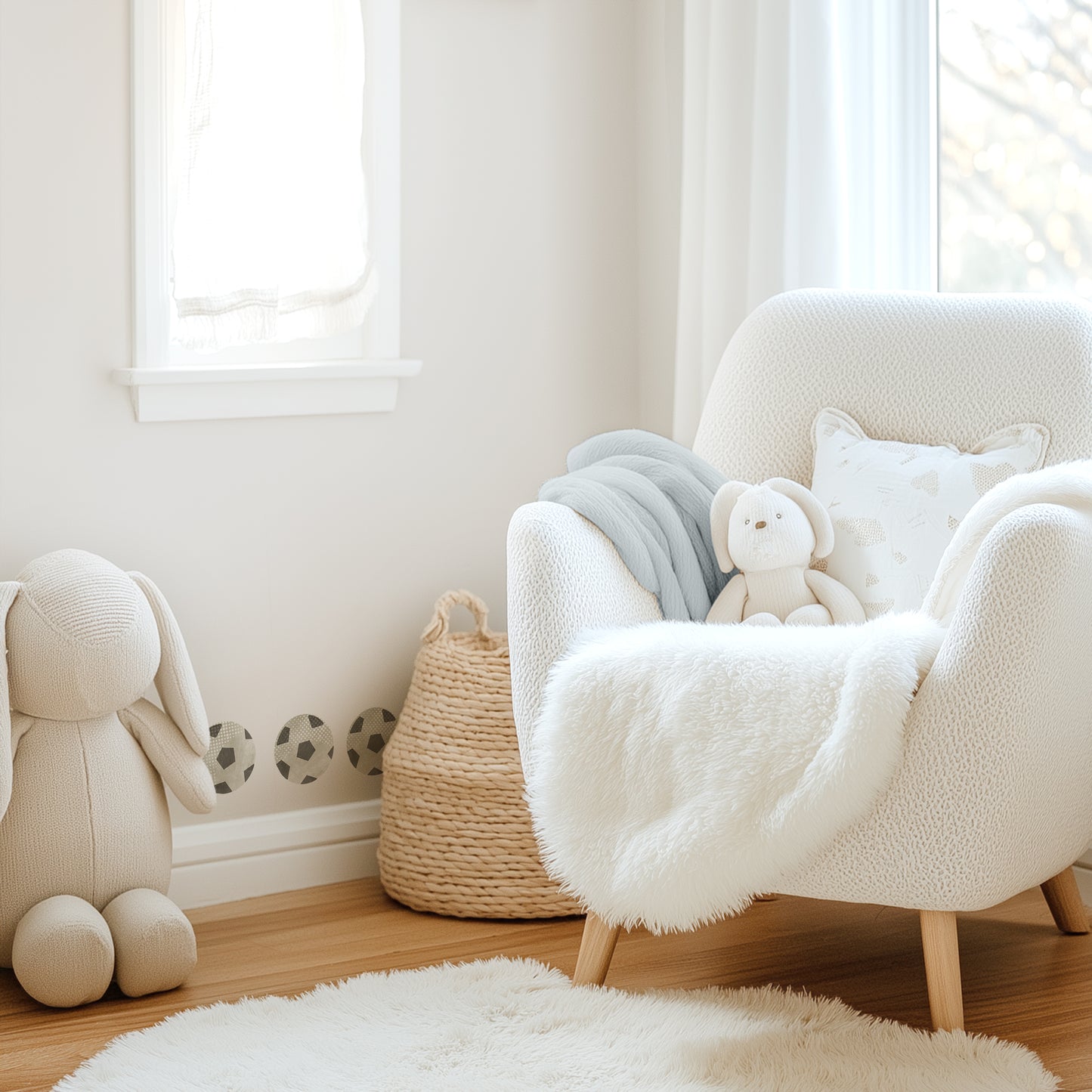 A kids’ room with Mej Mej soccer removable wall decals running above the baseboard tucked behind a cream reading chair and natural basket.