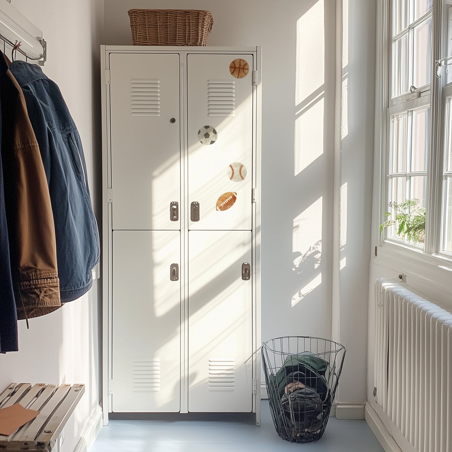 A set of lockers in a sunlit mudroom with Mej Mej Sports Balls fabric wall decals on one locker in the shapes of a football, a basketball, a soccer ball, and a baseball.