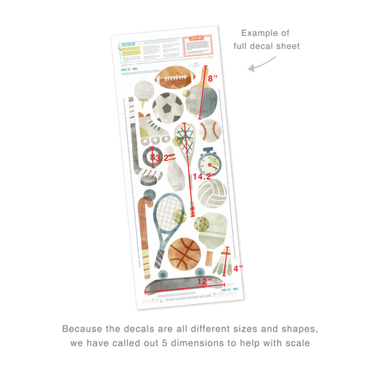 Example of full decal sheet showing 18 total decals of different sport equipment. Because the decals are all different sizes and shapes, 5 dimensions are called out to help with scale. For example, a lacrosse stick and ball is 28.3 inches long. Sheet includes decal tips and safety info. 