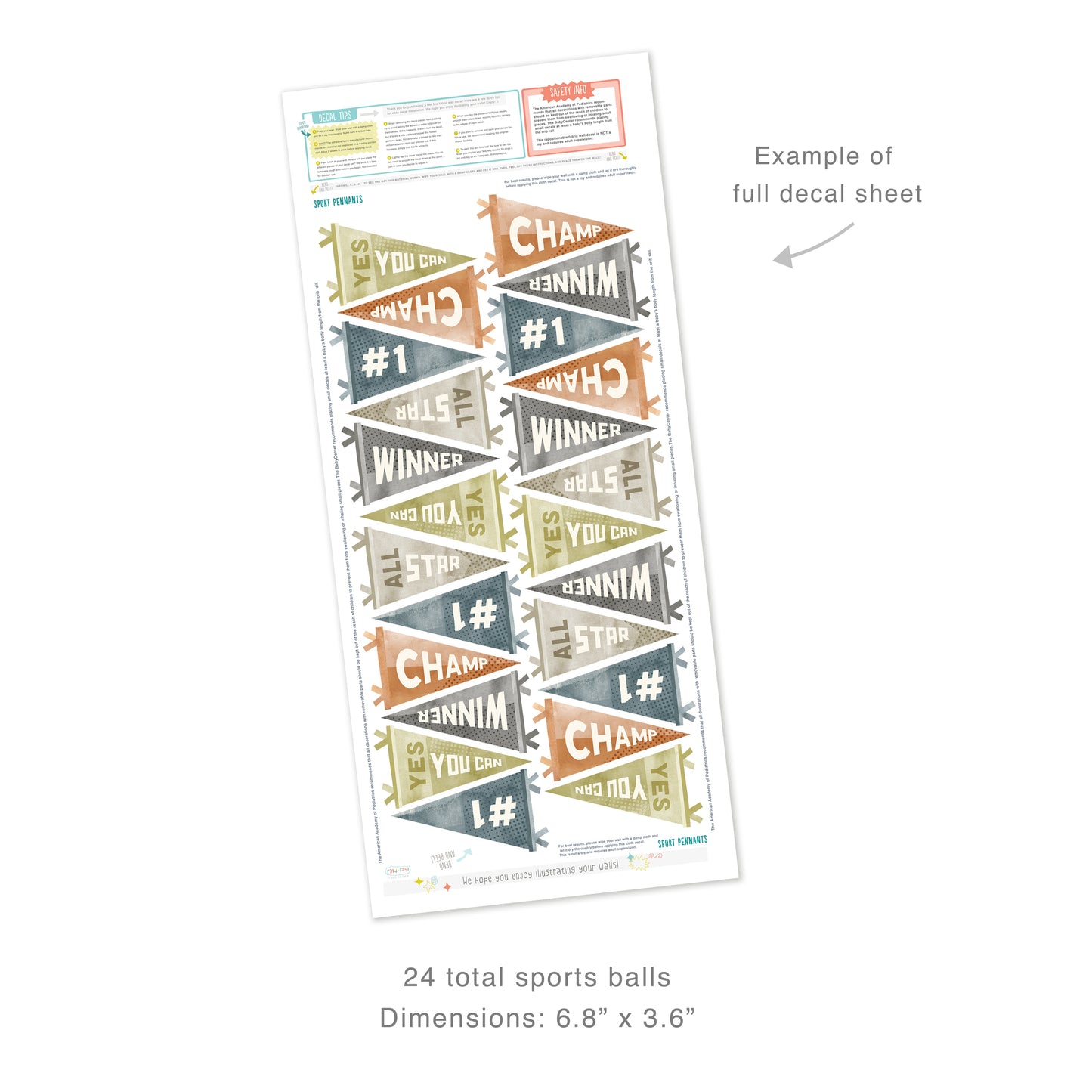 Example of full decal sheet showing 24 total sports pennants decals with dimensions for each of 6.8 inches by 3.6 inches. Sheet includes decal tips and safety info.