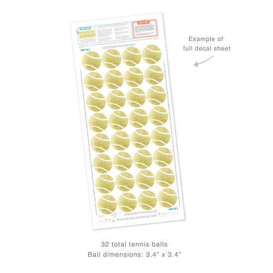 Example of full decal sheet showing 32 total tennis ball decals with dimensions for each of 3.4 inches in diameter. Sheet includes decal tips and safety info.