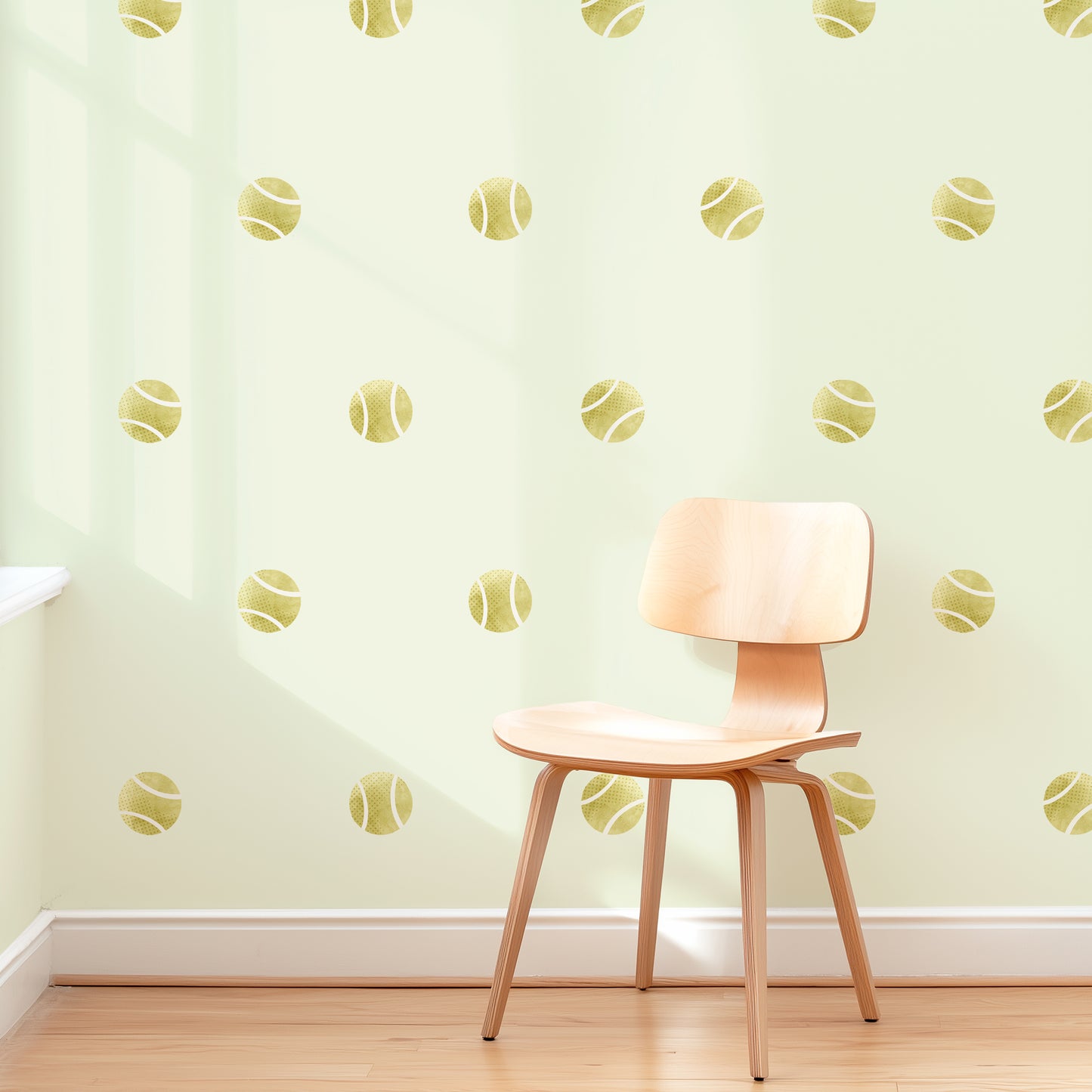 A pale chartreuse wall is decorated with removable fabric wall decals of tennis balls by Mej Mej. They are placed in a modern grid pattern. A mid-century chair sits in front of them for scale.