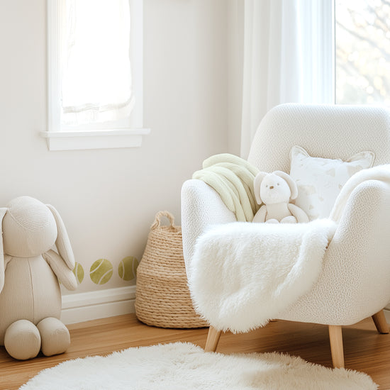 A kids’ room with Mej Mej tennis balls removable wall decals running above the baseboard tucked behind a cream reading chair and natural basket.